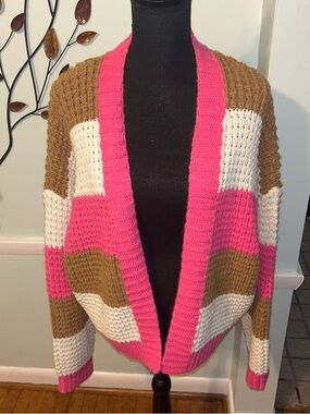 Open-Front Colorblock Cardigan in Pink, Brown & Cream